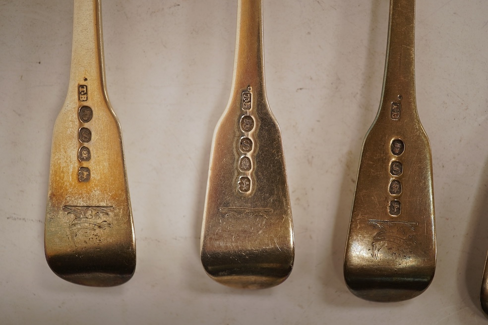 A matched set of six George III silver fiddle pattern dessert forks, all London, 1813, five by Thomas Wilkes Booth, 7.6oz.